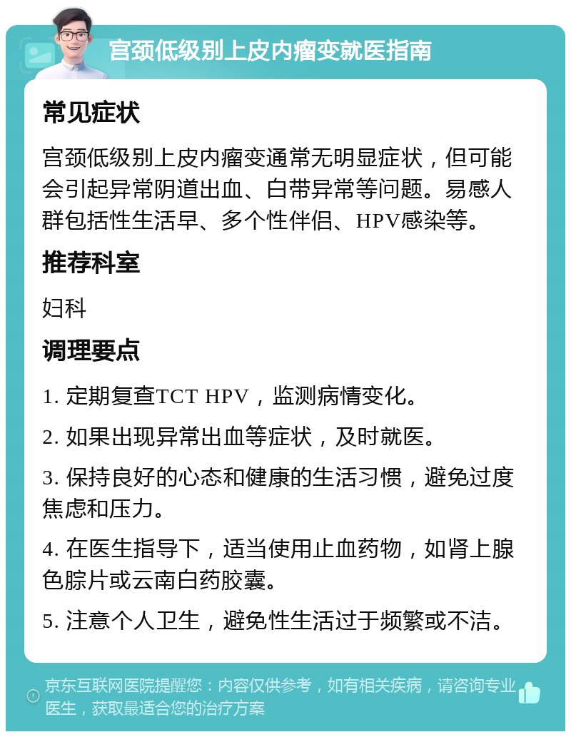 宫颈低级别上皮内瘤变就医指南 常见症状 宫颈低级别上皮内瘤变通常无明显症状，但可能会引起异常阴道出血、白带异常等问题。易感人群包括性生活早、多个性伴侣、HPV感染等。 推荐科室 妇科 调理要点 1. 定期复查TCT HPV，监测病情变化。 2. 如果出现异常出血等症状，及时就医。 3. 保持良好的心态和健康的生活习惯，避免过度焦虑和压力。 4. 在医生指导下，适当使用止血药物，如肾上腺色腙片或云南白药胶囊。 5. 注意个人卫生，避免性生活过于频繁或不洁。