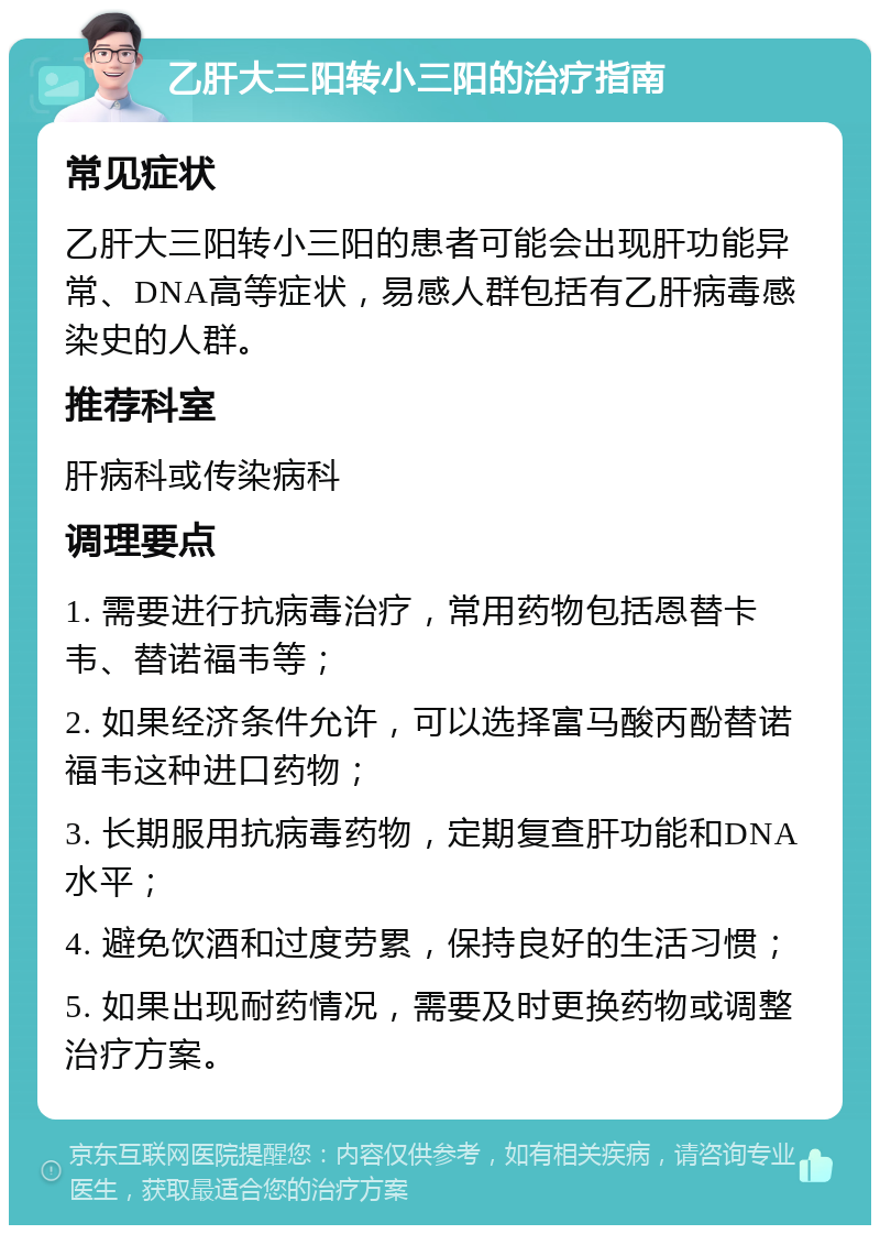 乙肝大三阳转小三阳的治疗指南 常见症状 乙肝大三阳转小三阳的患者可能会出现肝功能异常、DNA高等症状，易感人群包括有乙肝病毒感染史的人群。 推荐科室 肝病科或传染病科 调理要点 1. 需要进行抗病毒治疗，常用药物包括恩替卡韦、替诺福韦等； 2. 如果经济条件允许，可以选择富马酸丙酚替诺福韦这种进口药物； 3. 长期服用抗病毒药物，定期复查肝功能和DNA水平； 4. 避免饮酒和过度劳累，保持良好的生活习惯； 5. 如果出现耐药情况，需要及时更换药物或调整治疗方案。