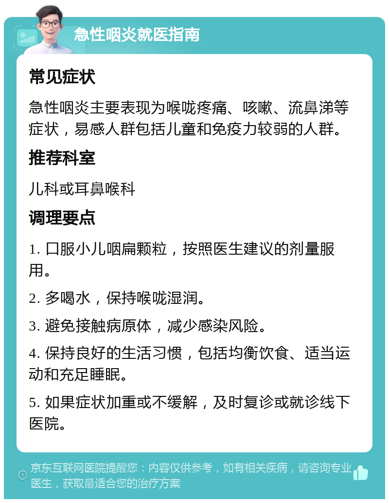 急性咽炎就医指南 常见症状 急性咽炎主要表现为喉咙疼痛、咳嗽、流鼻涕等症状，易感人群包括儿童和免疫力较弱的人群。 推荐科室 儿科或耳鼻喉科 调理要点 1. 口服小儿咽扁颗粒，按照医生建议的剂量服用。 2. 多喝水，保持喉咙湿润。 3. 避免接触病原体，减少感染风险。 4. 保持良好的生活习惯，包括均衡饮食、适当运动和充足睡眠。 5. 如果症状加重或不缓解，及时复诊或就诊线下医院。