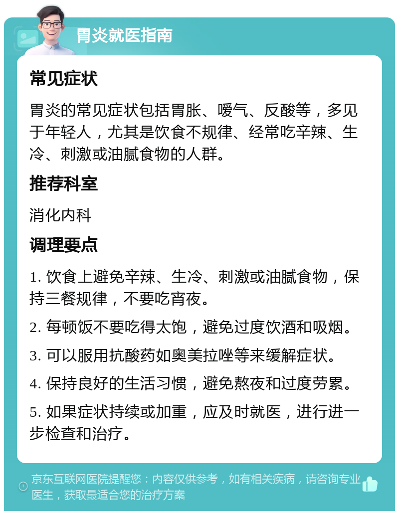 胃炎就医指南 常见症状 胃炎的常见症状包括胃胀、嗳气、反酸等，多见于年轻人，尤其是饮食不规律、经常吃辛辣、生冷、刺激或油腻食物的人群。 推荐科室 消化内科 调理要点 1. 饮食上避免辛辣、生冷、刺激或油腻食物，保持三餐规律，不要吃宵夜。 2. 每顿饭不要吃得太饱，避免过度饮酒和吸烟。 3. 可以服用抗酸药如奥美拉唑等来缓解症状。 4. 保持良好的生活习惯，避免熬夜和过度劳累。 5. 如果症状持续或加重，应及时就医，进行进一步检查和治疗。