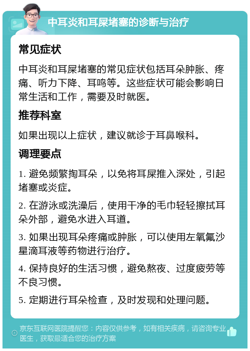 中耳炎和耳屎堵塞的诊断与治疗 常见症状 中耳炎和耳屎堵塞的常见症状包括耳朵肿胀、疼痛、听力下降、耳鸣等。这些症状可能会影响日常生活和工作，需要及时就医。 推荐科室 如果出现以上症状，建议就诊于耳鼻喉科。 调理要点 1. 避免频繁掏耳朵，以免将耳屎推入深处，引起堵塞或炎症。 2. 在游泳或洗澡后，使用干净的毛巾轻轻擦拭耳朵外部，避免水进入耳道。 3. 如果出现耳朵疼痛或肿胀，可以使用左氧氟沙星滴耳液等药物进行治疗。 4. 保持良好的生活习惯，避免熬夜、过度疲劳等不良习惯。 5. 定期进行耳朵检查，及时发现和处理问题。