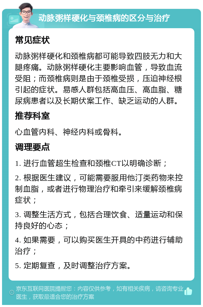 动脉粥样硬化与颈椎病的区分与治疗 常见症状 动脉粥样硬化和颈椎病都可能导致四肢无力和大腿疼痛。动脉粥样硬化主要影响血管，导致血流受阻；而颈椎病则是由于颈椎受损，压迫神经根引起的症状。易感人群包括高血压、高血脂、糖尿病患者以及长期伏案工作、缺乏运动的人群。 推荐科室 心血管内科、神经内科或骨科。 调理要点 1. 进行血管超生检查和颈椎CT以明确诊断； 2. 根据医生建议，可能需要服用他汀类药物来控制血脂，或者进行物理治疗和牵引来缓解颈椎病症状； 3. 调整生活方式，包括合理饮食、适量运动和保持良好的心态； 4. 如果需要，可以购买医生开具的中药进行辅助治疗； 5. 定期复查，及时调整治疗方案。