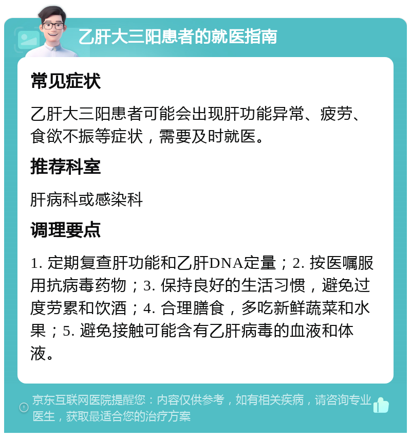 乙肝大三阳患者的就医指南 常见症状 乙肝大三阳患者可能会出现肝功能异常、疲劳、食欲不振等症状，需要及时就医。 推荐科室 肝病科或感染科 调理要点 1. 定期复查肝功能和乙肝DNA定量；2. 按医嘱服用抗病毒药物；3. 保持良好的生活习惯，避免过度劳累和饮酒；4. 合理膳食，多吃新鲜蔬菜和水果；5. 避免接触可能含有乙肝病毒的血液和体液。