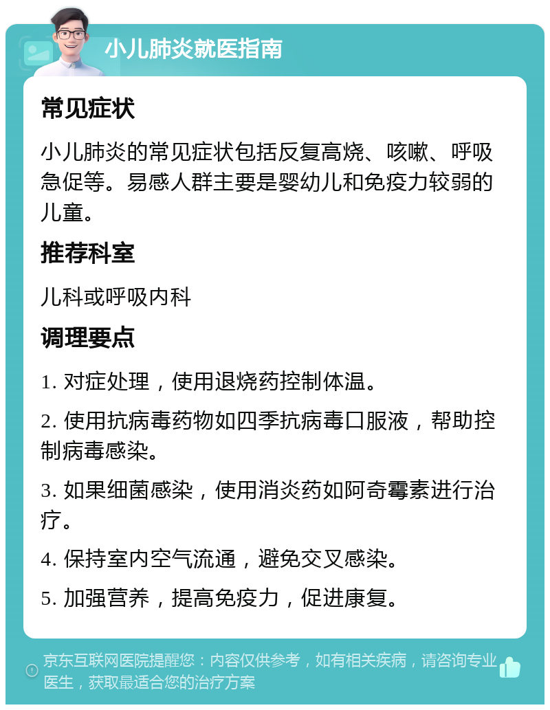 小儿肺炎就医指南 常见症状 小儿肺炎的常见症状包括反复高烧、咳嗽、呼吸急促等。易感人群主要是婴幼儿和免疫力较弱的儿童。 推荐科室 儿科或呼吸内科 调理要点 1. 对症处理，使用退烧药控制体温。 2. 使用抗病毒药物如四季抗病毒口服液，帮助控制病毒感染。 3. 如果细菌感染，使用消炎药如阿奇霉素进行治疗。 4. 保持室内空气流通，避免交叉感染。 5. 加强营养，提高免疫力，促进康复。