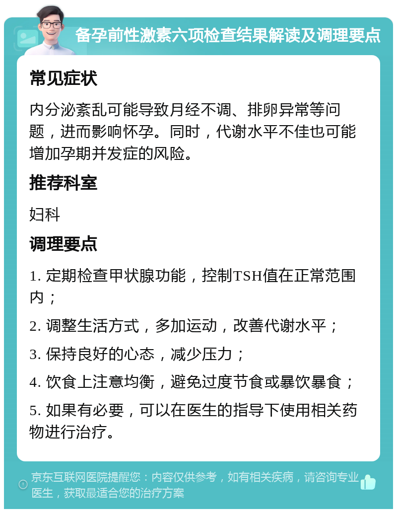 备孕前性激素六项检查结果解读及调理要点 常见症状 内分泌紊乱可能导致月经不调、排卵异常等问题，进而影响怀孕。同时，代谢水平不佳也可能增加孕期并发症的风险。 推荐科室 妇科 调理要点 1. 定期检查甲状腺功能，控制TSH值在正常范围内； 2. 调整生活方式，多加运动，改善代谢水平； 3. 保持良好的心态，减少压力； 4. 饮食上注意均衡，避免过度节食或暴饮暴食； 5. 如果有必要，可以在医生的指导下使用相关药物进行治疗。