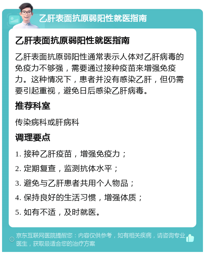 乙肝表面抗原弱阳性就医指南 乙肝表面抗原弱阳性就医指南 乙肝表面抗原弱阳性通常表示人体对乙肝病毒的免疫力不够强，需要通过接种疫苗来增强免疫力。这种情况下，患者并没有感染乙肝，但仍需要引起重视，避免日后感染乙肝病毒。 推荐科室 传染病科或肝病科 调理要点 1. 接种乙肝疫苗，增强免疫力； 2. 定期复查，监测抗体水平； 3. 避免与乙肝患者共用个人物品； 4. 保持良好的生活习惯，增强体质； 5. 如有不适，及时就医。