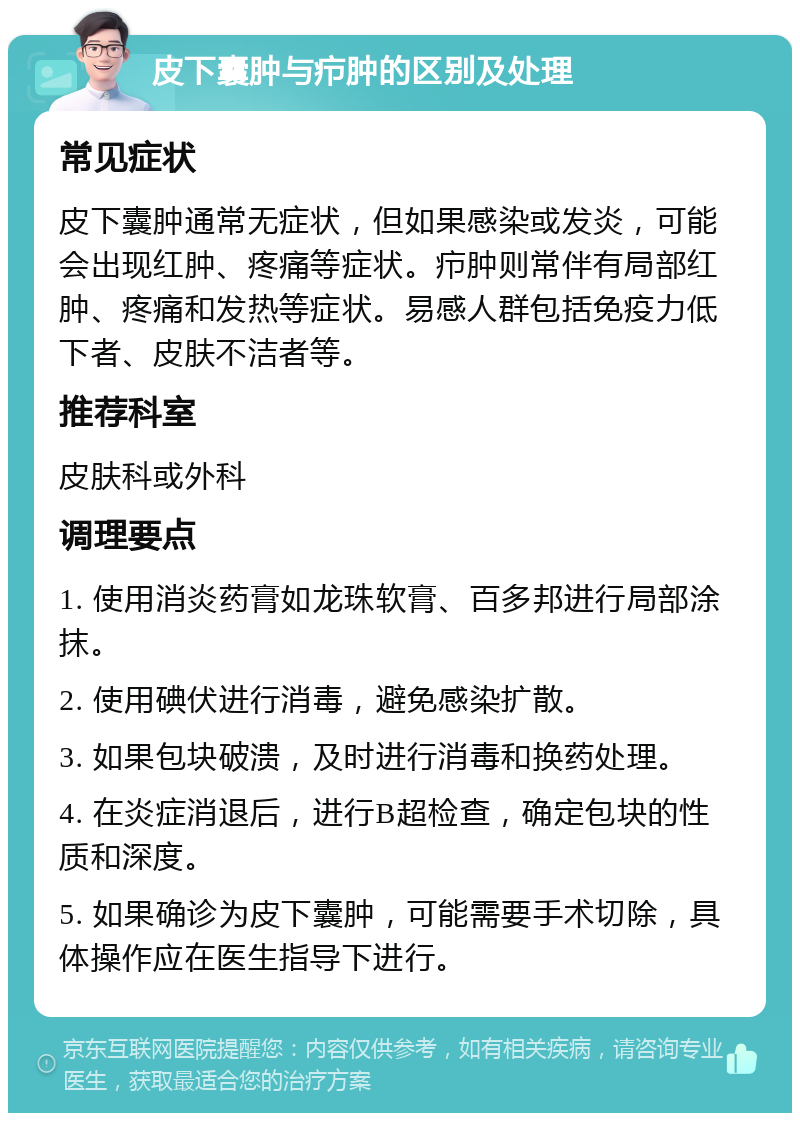 皮下囊肿与疖肿的区别及处理 常见症状 皮下囊肿通常无症状，但如果感染或发炎，可能会出现红肿、疼痛等症状。疖肿则常伴有局部红肿、疼痛和发热等症状。易感人群包括免疫力低下者、皮肤不洁者等。 推荐科室 皮肤科或外科 调理要点 1. 使用消炎药膏如龙珠软膏、百多邦进行局部涂抹。 2. 使用碘伏进行消毒，避免感染扩散。 3. 如果包块破溃，及时进行消毒和换药处理。 4. 在炎症消退后，进行B超检查，确定包块的性质和深度。 5. 如果确诊为皮下囊肿，可能需要手术切除，具体操作应在医生指导下进行。