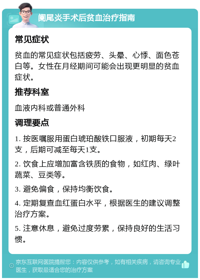 阑尾炎手术后贫血治疗指南 常见症状 贫血的常见症状包括疲劳、头晕、心悸、面色苍白等。女性在月经期间可能会出现更明显的贫血症状。 推荐科室 血液内科或普通外科 调理要点 1. 按医嘱服用蛋白琥珀酸铁口服液，初期每天2支，后期可减至每天1支。 2. 饮食上应增加富含铁质的食物，如红肉、绿叶蔬菜、豆类等。 3. 避免偏食，保持均衡饮食。 4. 定期复查血红蛋白水平，根据医生的建议调整治疗方案。 5. 注意休息，避免过度劳累，保持良好的生活习惯。