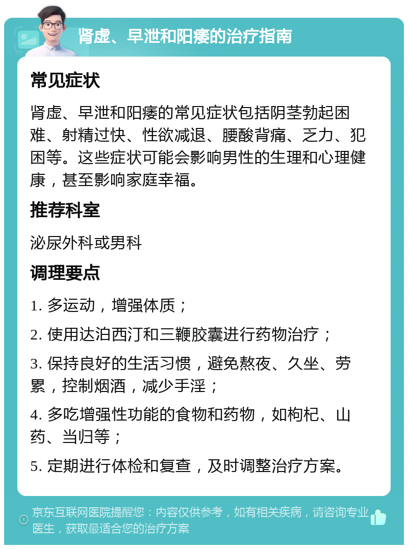 肾虚、早泄和阳痿的治疗指南 常见症状 肾虚、早泄和阳痿的常见症状包括阴茎勃起困难、射精过快、性欲减退、腰酸背痛、乏力、犯困等。这些症状可能会影响男性的生理和心理健康，甚至影响家庭幸福。 推荐科室 泌尿外科或男科 调理要点 1. 多运动，增强体质； 2. 使用达泊西汀和三鞭胶囊进行药物治疗； 3. 保持良好的生活习惯，避免熬夜、久坐、劳累，控制烟酒，减少手淫； 4. 多吃增强性功能的食物和药物，如枸杞、山药、当归等； 5. 定期进行体检和复查，及时调整治疗方案。