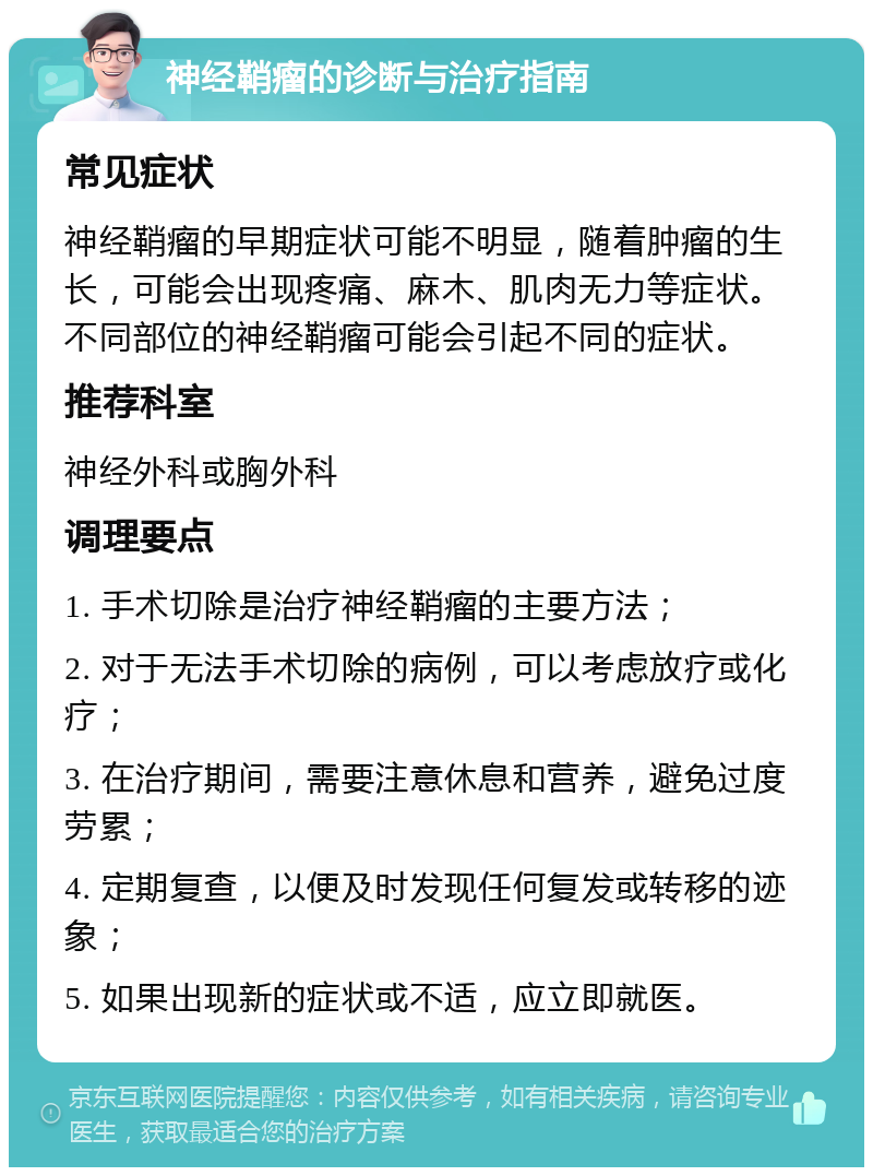 神经鞘瘤的诊断与治疗指南 常见症状 神经鞘瘤的早期症状可能不明显，随着肿瘤的生长，可能会出现疼痛、麻木、肌肉无力等症状。不同部位的神经鞘瘤可能会引起不同的症状。 推荐科室 神经外科或胸外科 调理要点 1. 手术切除是治疗神经鞘瘤的主要方法； 2. 对于无法手术切除的病例，可以考虑放疗或化疗； 3. 在治疗期间，需要注意休息和营养，避免过度劳累； 4. 定期复查，以便及时发现任何复发或转移的迹象； 5. 如果出现新的症状或不适，应立即就医。