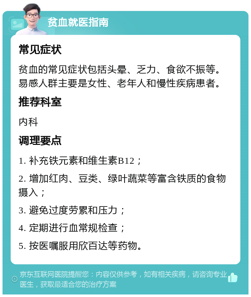 贫血就医指南 常见症状 贫血的常见症状包括头晕、乏力、食欲不振等。易感人群主要是女性、老年人和慢性疾病患者。 推荐科室 内科 调理要点 1. 补充铁元素和维生素B12； 2. 增加红肉、豆类、绿叶蔬菜等富含铁质的食物摄入； 3. 避免过度劳累和压力； 4. 定期进行血常规检查； 5. 按医嘱服用欣百达等药物。