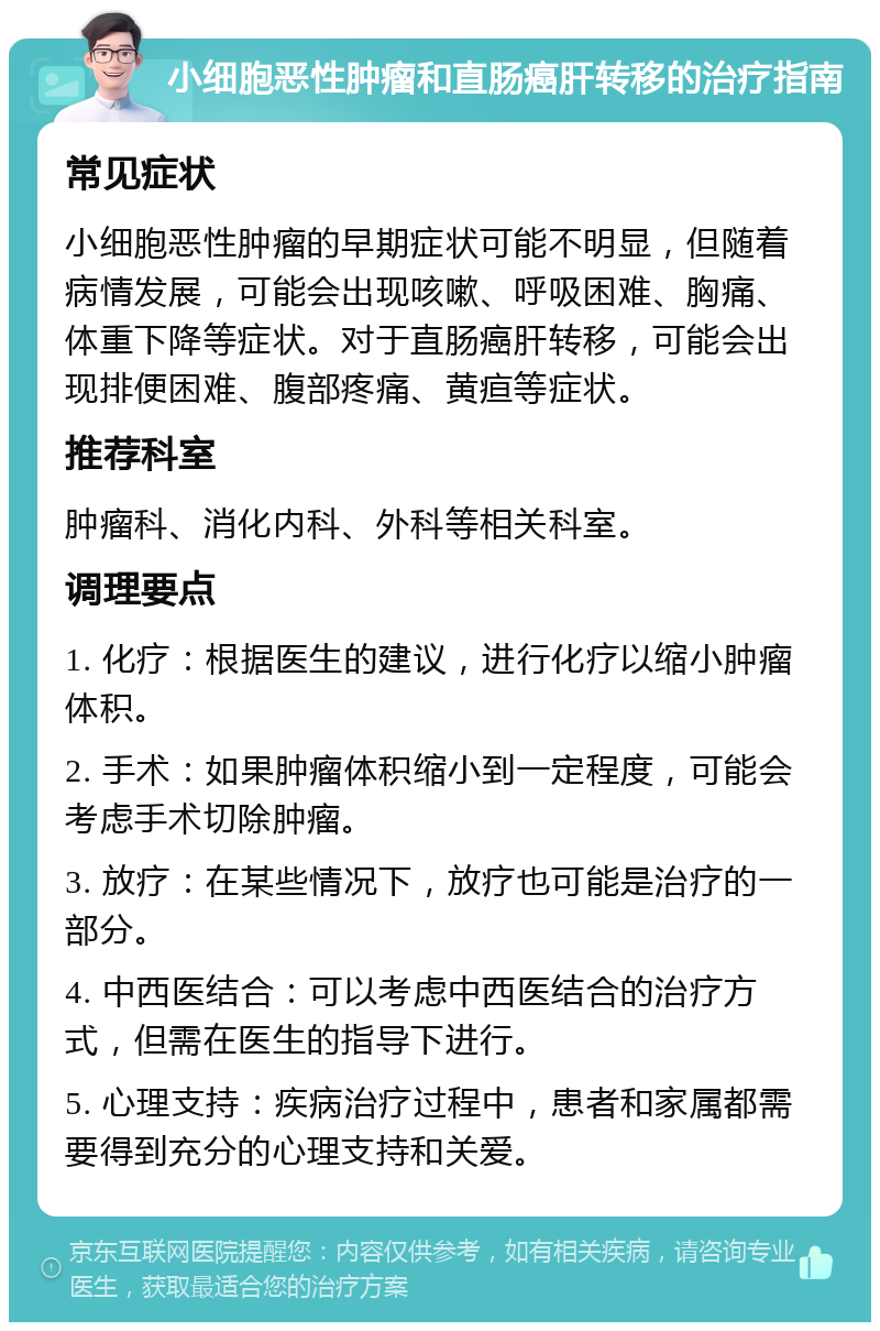 小细胞恶性肿瘤和直肠癌肝转移的治疗指南 常见症状 小细胞恶性肿瘤的早期症状可能不明显，但随着病情发展，可能会出现咳嗽、呼吸困难、胸痛、体重下降等症状。对于直肠癌肝转移，可能会出现排便困难、腹部疼痛、黄疸等症状。 推荐科室 肿瘤科、消化内科、外科等相关科室。 调理要点 1. 化疗：根据医生的建议，进行化疗以缩小肿瘤体积。 2. 手术：如果肿瘤体积缩小到一定程度，可能会考虑手术切除肿瘤。 3. 放疗：在某些情况下，放疗也可能是治疗的一部分。 4. 中西医结合：可以考虑中西医结合的治疗方式，但需在医生的指导下进行。 5. 心理支持：疾病治疗过程中，患者和家属都需要得到充分的心理支持和关爱。