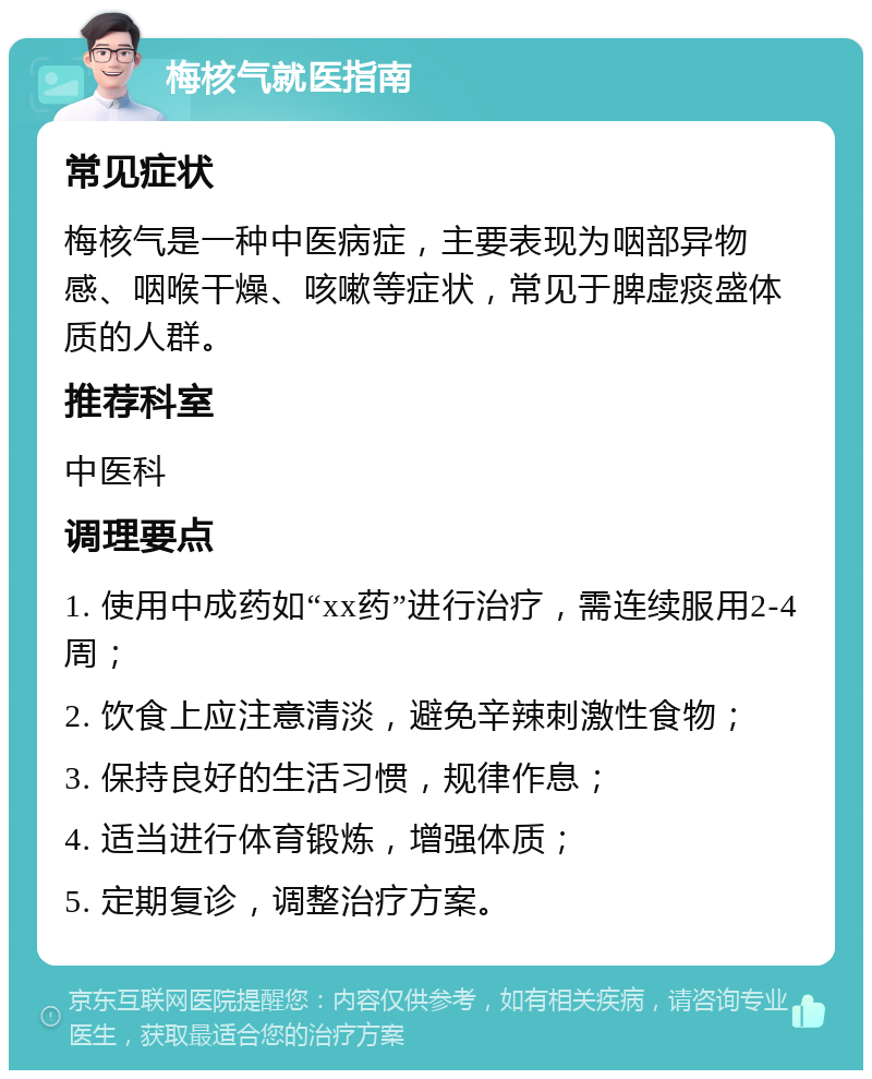 梅核气就医指南 常见症状 梅核气是一种中医病症，主要表现为咽部异物感、咽喉干燥、咳嗽等症状，常见于脾虚痰盛体质的人群。 推荐科室 中医科 调理要点 1. 使用中成药如“xx药”进行治疗，需连续服用2-4周； 2. 饮食上应注意清淡，避免辛辣刺激性食物； 3. 保持良好的生活习惯，规律作息； 4. 适当进行体育锻炼，增强体质； 5. 定期复诊，调整治疗方案。