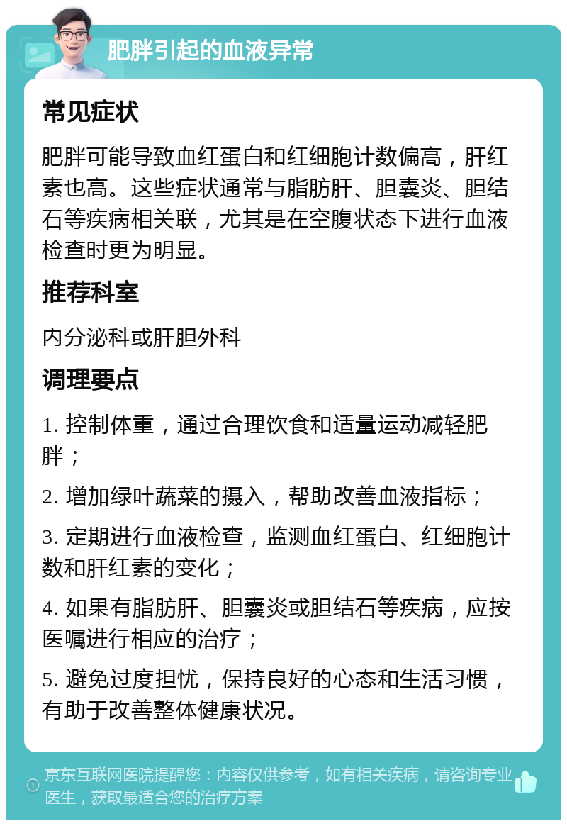 肥胖引起的血液异常 常见症状 肥胖可能导致血红蛋白和红细胞计数偏高，肝红素也高。这些症状通常与脂肪肝、胆囊炎、胆结石等疾病相关联，尤其是在空腹状态下进行血液检查时更为明显。 推荐科室 内分泌科或肝胆外科 调理要点 1. 控制体重，通过合理饮食和适量运动减轻肥胖； 2. 增加绿叶蔬菜的摄入，帮助改善血液指标； 3. 定期进行血液检查，监测血红蛋白、红细胞计数和肝红素的变化； 4. 如果有脂肪肝、胆囊炎或胆结石等疾病，应按医嘱进行相应的治疗； 5. 避免过度担忧，保持良好的心态和生活习惯，有助于改善整体健康状况。