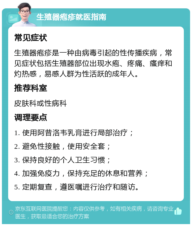 生殖器疱疹就医指南 常见症状 生殖器疱疹是一种由病毒引起的性传播疾病，常见症状包括生殖器部位出现水疱、疼痛、瘙痒和灼热感，易感人群为性活跃的成年人。 推荐科室 皮肤科或性病科 调理要点 1. 使用阿昔洛韦乳膏进行局部治疗； 2. 避免性接触，使用安全套； 3. 保持良好的个人卫生习惯； 4. 加强免疫力，保持充足的休息和营养； 5. 定期复查，遵医嘱进行治疗和随访。