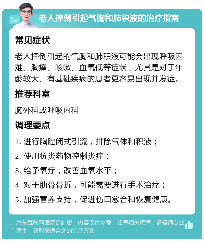 老人摔倒引起气胸和肺积液的治疗指南 常见症状 老人摔倒引起的气胸和肺积液可能会出现呼吸困难、胸痛、咳嗽、血氧低等症状，尤其是对于年龄较大、有基础疾病的患者更容易出现并发症。 推荐科室 胸外科或呼吸内科 调理要点 1. 进行胸腔闭式引流，排除气体和积液； 2. 使用抗炎药物控制炎症； 3. 给予氧疗，改善血氧水平； 4. 对于肋骨骨折，可能需要进行手术治疗； 5. 加强营养支持，促进伤口愈合和恢复健康。