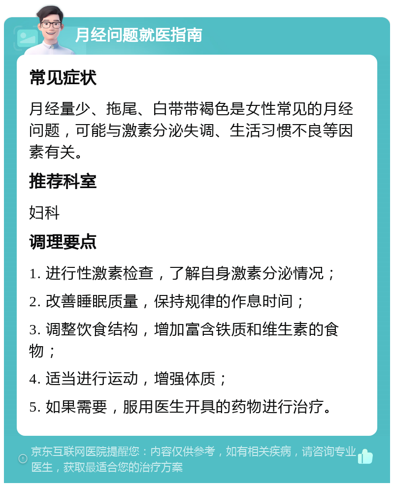 月经问题就医指南 常见症状 月经量少、拖尾、白带带褐色是女性常见的月经问题，可能与激素分泌失调、生活习惯不良等因素有关。 推荐科室 妇科 调理要点 1. 进行性激素检查，了解自身激素分泌情况； 2. 改善睡眠质量，保持规律的作息时间； 3. 调整饮食结构，增加富含铁质和维生素的食物； 4. 适当进行运动，增强体质； 5. 如果需要，服用医生开具的药物进行治疗。