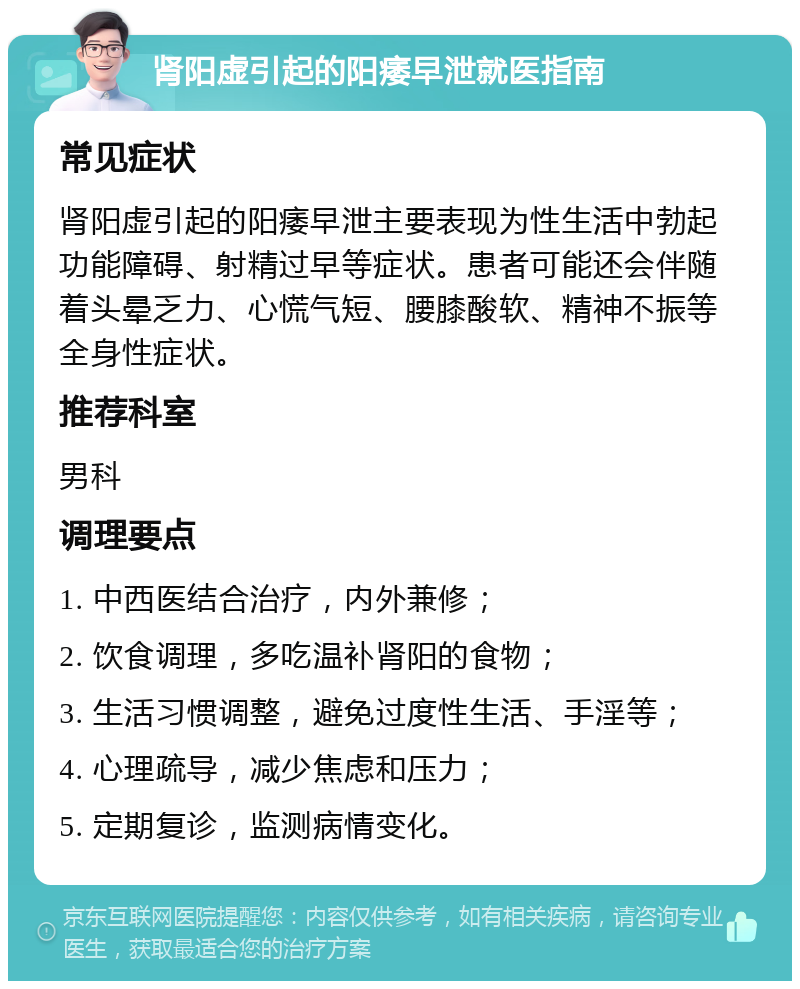 肾阳虚引起的阳痿早泄就医指南 常见症状 肾阳虚引起的阳痿早泄主要表现为性生活中勃起功能障碍、射精过早等症状。患者可能还会伴随着头晕乏力、心慌气短、腰膝酸软、精神不振等全身性症状。 推荐科室 男科 调理要点 1. 中西医结合治疗，内外兼修； 2. 饮食调理，多吃温补肾阳的食物； 3. 生活习惯调整，避免过度性生活、手淫等； 4. 心理疏导，减少焦虑和压力； 5. 定期复诊，监测病情变化。