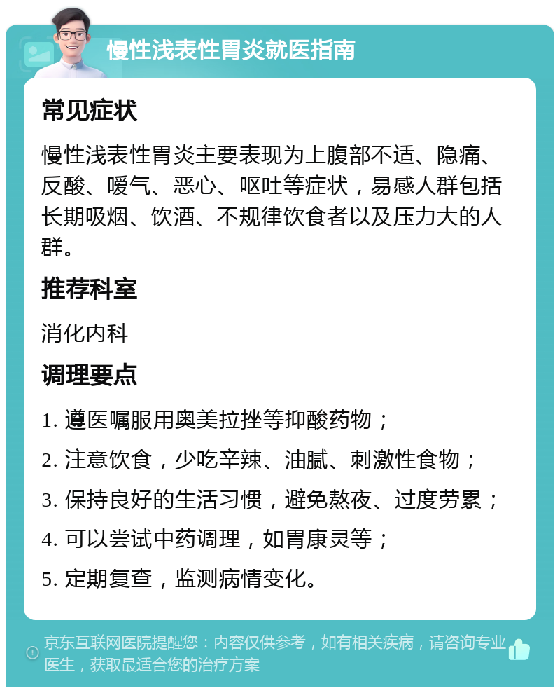 慢性浅表性胃炎就医指南 常见症状 慢性浅表性胃炎主要表现为上腹部不适、隐痛、反酸、嗳气、恶心、呕吐等症状，易感人群包括长期吸烟、饮酒、不规律饮食者以及压力大的人群。 推荐科室 消化内科 调理要点 1. 遵医嘱服用奥美拉挫等抑酸药物； 2. 注意饮食，少吃辛辣、油腻、刺激性食物； 3. 保持良好的生活习惯，避免熬夜、过度劳累； 4. 可以尝试中药调理，如胃康灵等； 5. 定期复查，监测病情变化。