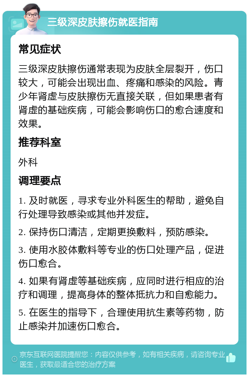 三级深皮肤擦伤就医指南 常见症状 三级深皮肤擦伤通常表现为皮肤全层裂开，伤口较大，可能会出现出血、疼痛和感染的风险。青少年肾虚与皮肤擦伤无直接关联，但如果患者有肾虚的基础疾病，可能会影响伤口的愈合速度和效果。 推荐科室 外科 调理要点 1. 及时就医，寻求专业外科医生的帮助，避免自行处理导致感染或其他并发症。 2. 保持伤口清洁，定期更换敷料，预防感染。 3. 使用水胶体敷料等专业的伤口处理产品，促进伤口愈合。 4. 如果有肾虚等基础疾病，应同时进行相应的治疗和调理，提高身体的整体抵抗力和自愈能力。 5. 在医生的指导下，合理使用抗生素等药物，防止感染并加速伤口愈合。