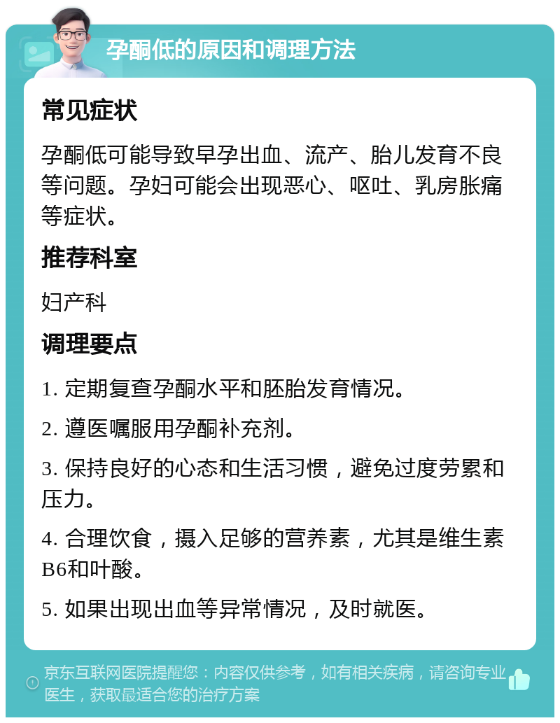 孕酮低的原因和调理方法 常见症状 孕酮低可能导致早孕出血、流产、胎儿发育不良等问题。孕妇可能会出现恶心、呕吐、乳房胀痛等症状。 推荐科室 妇产科 调理要点 1. 定期复查孕酮水平和胚胎发育情况。 2. 遵医嘱服用孕酮补充剂。 3. 保持良好的心态和生活习惯，避免过度劳累和压力。 4. 合理饮食，摄入足够的营养素，尤其是维生素B6和叶酸。 5. 如果出现出血等异常情况，及时就医。