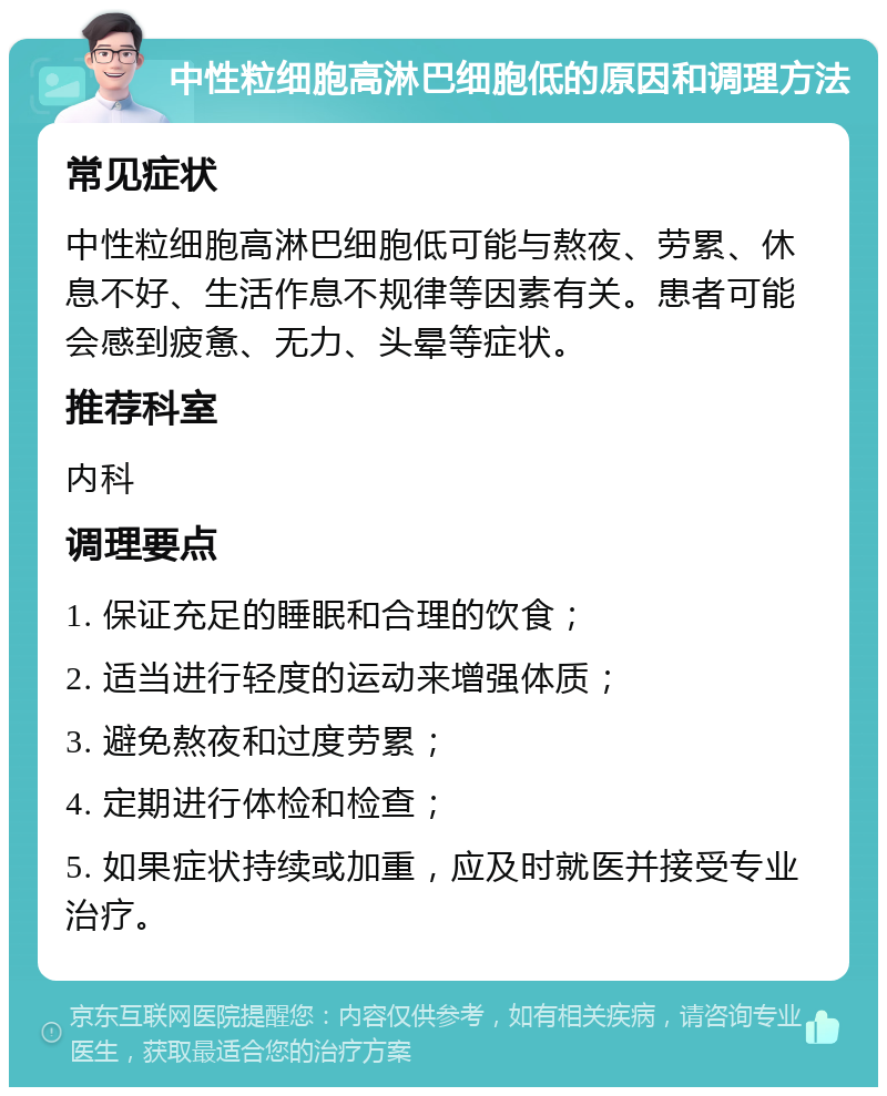 中性粒细胞高淋巴细胞低的原因和调理方法 常见症状 中性粒细胞高淋巴细胞低可能与熬夜、劳累、休息不好、生活作息不规律等因素有关。患者可能会感到疲惫、无力、头晕等症状。 推荐科室 内科 调理要点 1. 保证充足的睡眠和合理的饮食； 2. 适当进行轻度的运动来增强体质； 3. 避免熬夜和过度劳累； 4. 定期进行体检和检查； 5. 如果症状持续或加重，应及时就医并接受专业治疗。