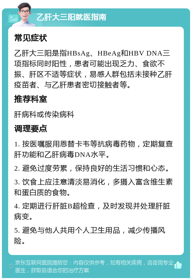 乙肝大三阳就医指南 常见症状 乙肝大三阳是指HBsAg、HBeAg和HBV DNA三项指标同时阳性，患者可能出现乏力、食欲不振、肝区不适等症状，易感人群包括未接种乙肝疫苗者、与乙肝患者密切接触者等。 推荐科室 肝病科或传染病科 调理要点 1. 按医嘱服用恩替卡韦等抗病毒药物，定期复查肝功能和乙肝病毒DNA水平。 2. 避免过度劳累，保持良好的生活习惯和心态。 3. 饮食上应注意清淡易消化，多摄入富含维生素和蛋白质的食物。 4. 定期进行肝脏B超检查，及时发现并处理肝脏病变。 5. 避免与他人共用个人卫生用品，减少传播风险。