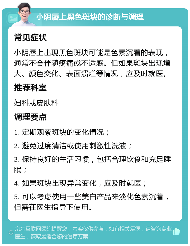 小阴唇上黑色斑块的诊断与调理 常见症状 小阴唇上出现黑色斑块可能是色素沉着的表现，通常不会伴随疼痛或不适感。但如果斑块出现增大、颜色变化、表面溃烂等情况，应及时就医。 推荐科室 妇科或皮肤科 调理要点 1. 定期观察斑块的变化情况； 2. 避免过度清洁或使用刺激性洗液； 3. 保持良好的生活习惯，包括合理饮食和充足睡眠； 4. 如果斑块出现异常变化，应及时就医； 5. 可以考虑使用一些美白产品来淡化色素沉着，但需在医生指导下使用。