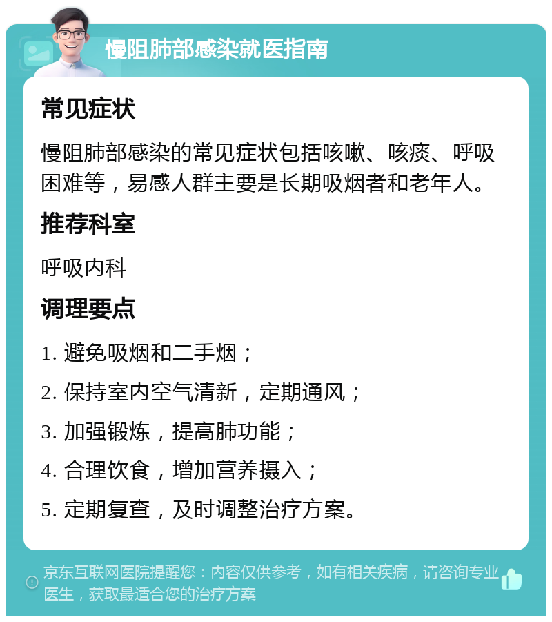 慢阻肺部感染就医指南 常见症状 慢阻肺部感染的常见症状包括咳嗽、咳痰、呼吸困难等，易感人群主要是长期吸烟者和老年人。 推荐科室 呼吸内科 调理要点 1. 避免吸烟和二手烟； 2. 保持室内空气清新，定期通风； 3. 加强锻炼，提高肺功能； 4. 合理饮食，增加营养摄入； 5. 定期复查，及时调整治疗方案。