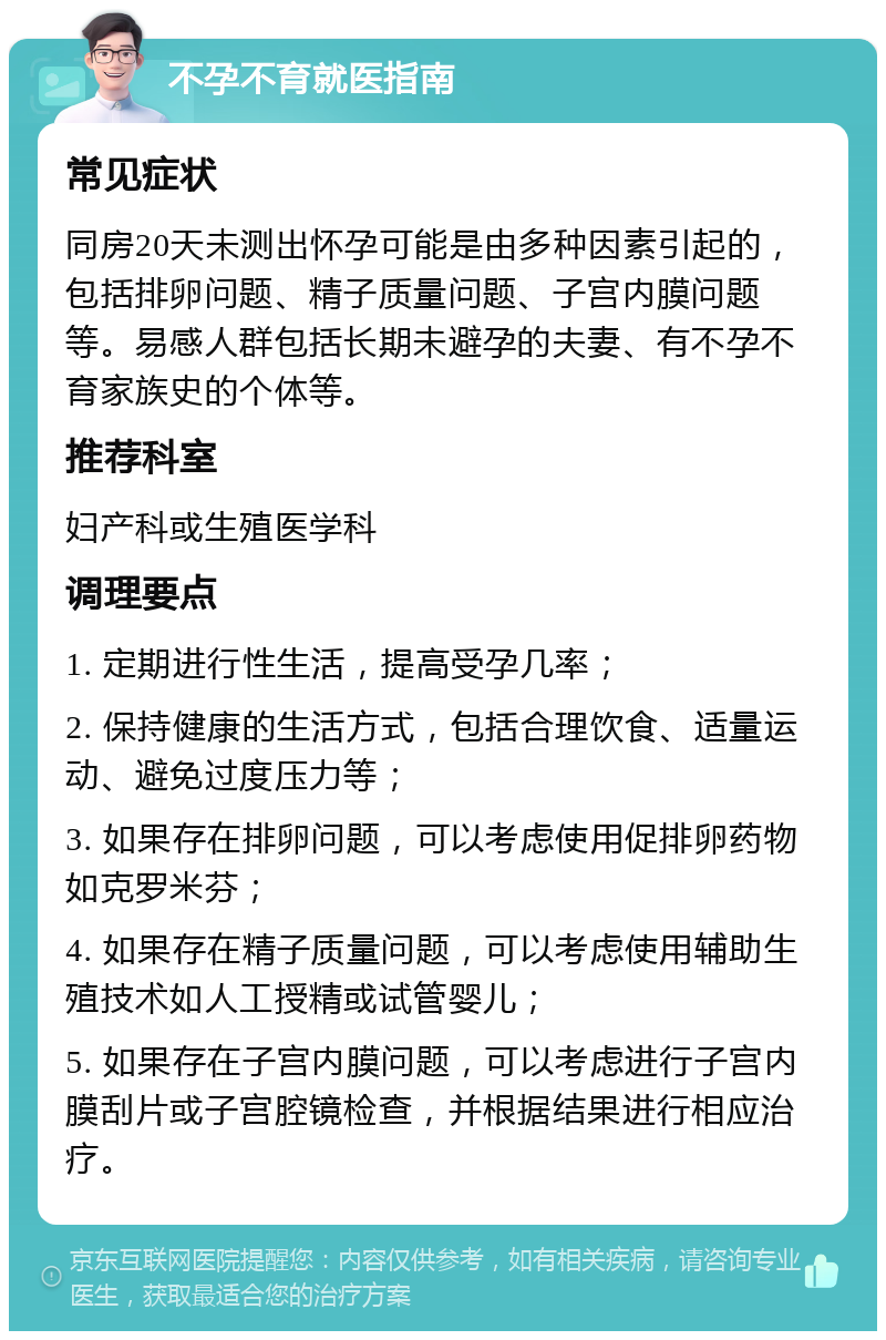 不孕不育就医指南 常见症状 同房20天未测出怀孕可能是由多种因素引起的，包括排卵问题、精子质量问题、子宫内膜问题等。易感人群包括长期未避孕的夫妻、有不孕不育家族史的个体等。 推荐科室 妇产科或生殖医学科 调理要点 1. 定期进行性生活，提高受孕几率； 2. 保持健康的生活方式，包括合理饮食、适量运动、避免过度压力等； 3. 如果存在排卵问题，可以考虑使用促排卵药物如克罗米芬； 4. 如果存在精子质量问题，可以考虑使用辅助生殖技术如人工授精或试管婴儿； 5. 如果存在子宫内膜问题，可以考虑进行子宫内膜刮片或子宫腔镜检查，并根据结果进行相应治疗。