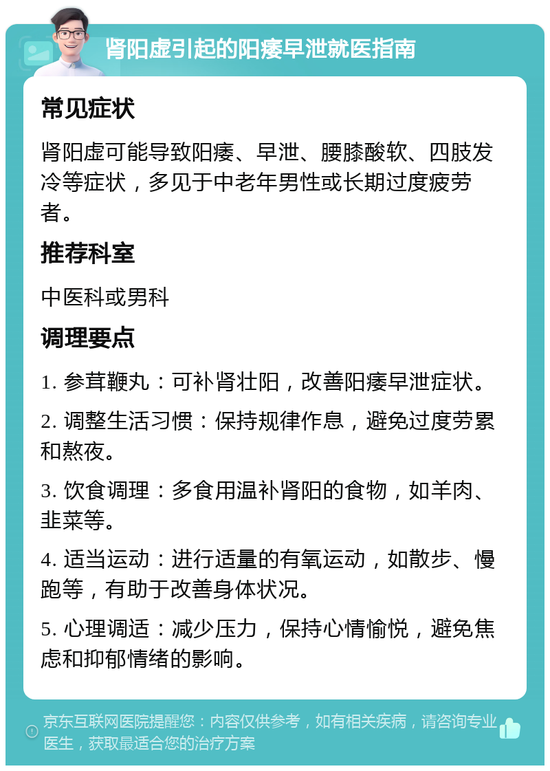 肾阳虚引起的阳痿早泄就医指南 常见症状 肾阳虚可能导致阳痿、早泄、腰膝酸软、四肢发冷等症状，多见于中老年男性或长期过度疲劳者。 推荐科室 中医科或男科 调理要点 1. 参茸鞭丸：可补肾壮阳，改善阳痿早泄症状。 2. 调整生活习惯：保持规律作息，避免过度劳累和熬夜。 3. 饮食调理：多食用温补肾阳的食物，如羊肉、韭菜等。 4. 适当运动：进行适量的有氧运动，如散步、慢跑等，有助于改善身体状况。 5. 心理调适：减少压力，保持心情愉悦，避免焦虑和抑郁情绪的影响。