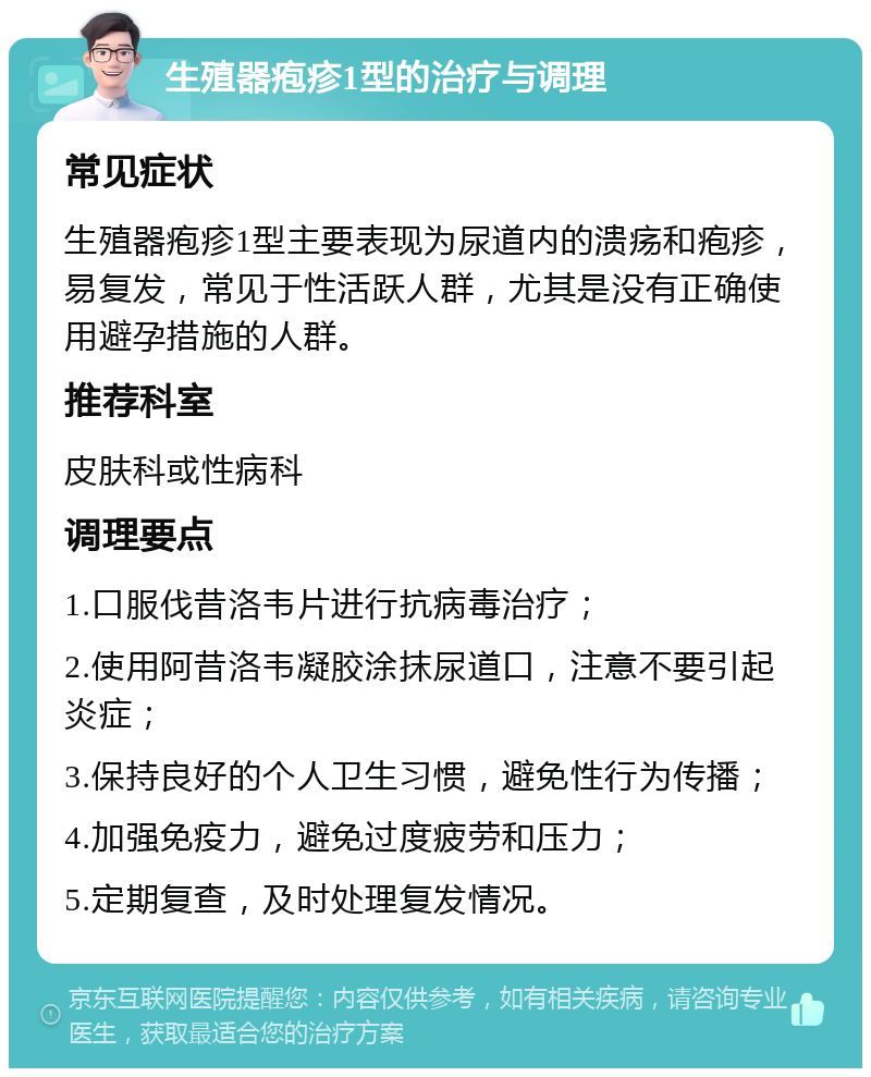 生殖器疱疹1型的治疗与调理 常见症状 生殖器疱疹1型主要表现为尿道内的溃疡和疱疹，易复发，常见于性活跃人群，尤其是没有正确使用避孕措施的人群。 推荐科室 皮肤科或性病科 调理要点 1.口服伐昔洛韦片进行抗病毒治疗； 2.使用阿昔洛韦凝胶涂抹尿道口，注意不要引起炎症； 3.保持良好的个人卫生习惯，避免性行为传播； 4.加强免疫力，避免过度疲劳和压力； 5.定期复查，及时处理复发情况。