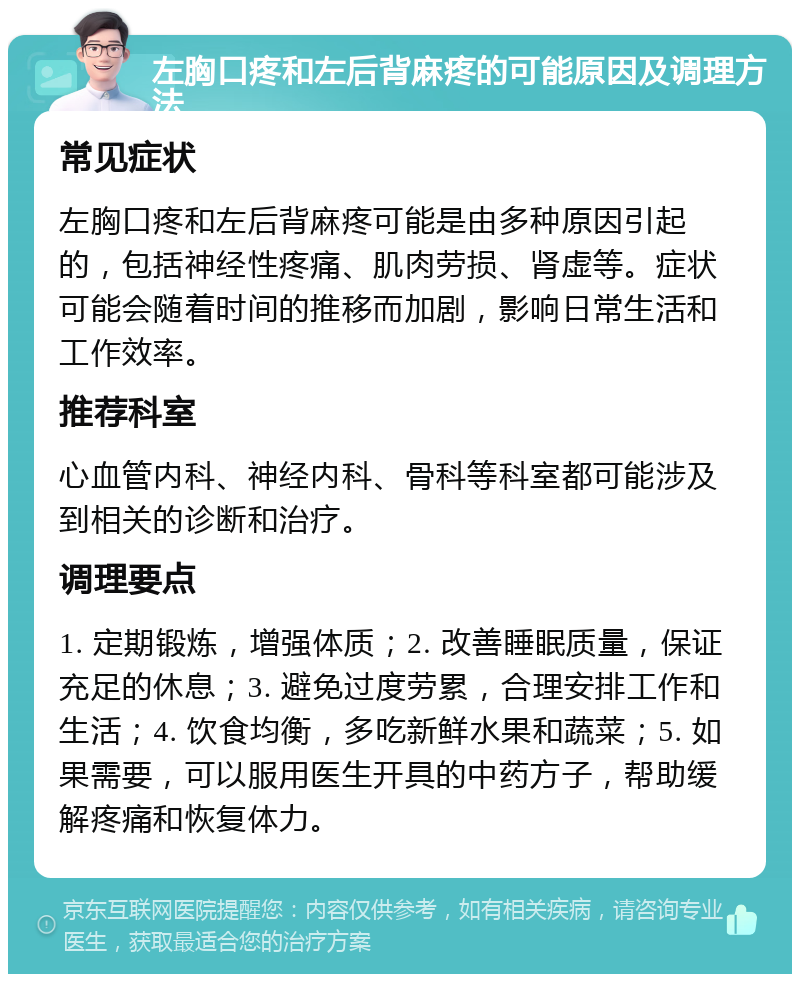 左胸口疼和左后背麻疼的可能原因及调理方法 常见症状 左胸口疼和左后背麻疼可能是由多种原因引起的，包括神经性疼痛、肌肉劳损、肾虚等。症状可能会随着时间的推移而加剧，影响日常生活和工作效率。 推荐科室 心血管内科、神经内科、骨科等科室都可能涉及到相关的诊断和治疗。 调理要点 1. 定期锻炼，增强体质；2. 改善睡眠质量，保证充足的休息；3. 避免过度劳累，合理安排工作和生活；4. 饮食均衡，多吃新鲜水果和蔬菜；5. 如果需要，可以服用医生开具的中药方子，帮助缓解疼痛和恢复体力。