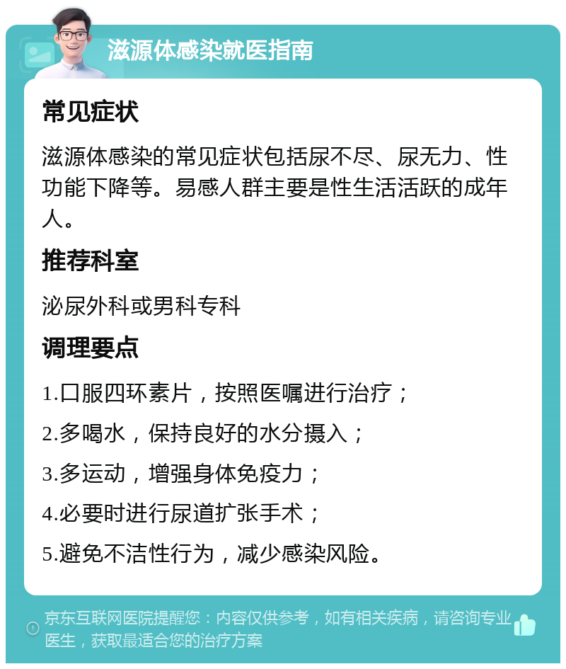 滋源体感染就医指南 常见症状 滋源体感染的常见症状包括尿不尽、尿无力、性功能下降等。易感人群主要是性生活活跃的成年人。 推荐科室 泌尿外科或男科专科 调理要点 1.口服四环素片，按照医嘱进行治疗； 2.多喝水，保持良好的水分摄入； 3.多运动，增强身体免疫力； 4.必要时进行尿道扩张手术； 5.避免不洁性行为，减少感染风险。