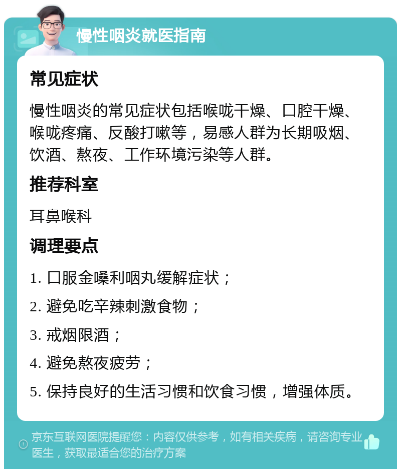 慢性咽炎就医指南 常见症状 慢性咽炎的常见症状包括喉咙干燥、口腔干燥、喉咙疼痛、反酸打嗽等，易感人群为长期吸烟、饮酒、熬夜、工作环境污染等人群。 推荐科室 耳鼻喉科 调理要点 1. 口服金嗓利咽丸缓解症状； 2. 避免吃辛辣刺激食物； 3. 戒烟限酒； 4. 避免熬夜疲劳； 5. 保持良好的生活习惯和饮食习惯，增强体质。