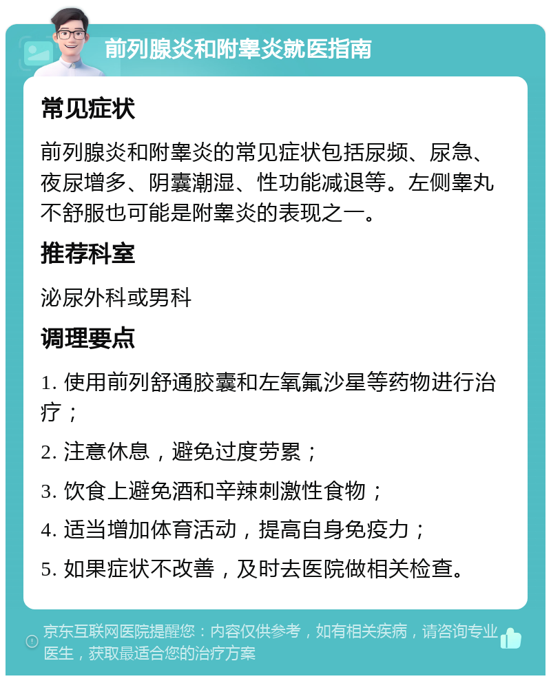 前列腺炎和附睾炎就医指南 常见症状 前列腺炎和附睾炎的常见症状包括尿频、尿急、夜尿增多、阴囊潮湿、性功能减退等。左侧睾丸不舒服也可能是附睾炎的表现之一。 推荐科室 泌尿外科或男科 调理要点 1. 使用前列舒通胶囊和左氧氟沙星等药物进行治疗； 2. 注意休息，避免过度劳累； 3. 饮食上避免酒和辛辣刺激性食物； 4. 适当增加体育活动，提高自身免疫力； 5. 如果症状不改善，及时去医院做相关检查。