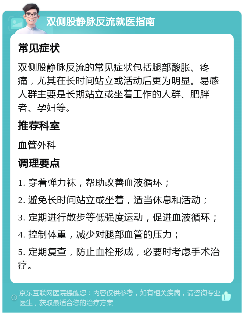 双侧股静脉反流就医指南 常见症状 双侧股静脉反流的常见症状包括腿部酸胀、疼痛，尤其在长时间站立或活动后更为明显。易感人群主要是长期站立或坐着工作的人群、肥胖者、孕妇等。 推荐科室 血管外科 调理要点 1. 穿着弹力袜，帮助改善血液循环； 2. 避免长时间站立或坐着，适当休息和活动； 3. 定期进行散步等低强度运动，促进血液循环； 4. 控制体重，减少对腿部血管的压力； 5. 定期复查，防止血栓形成，必要时考虑手术治疗。