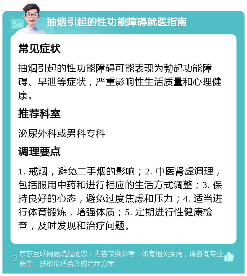 抽烟引起的性功能障碍就医指南 常见症状 抽烟引起的性功能障碍可能表现为勃起功能障碍、早泄等症状，严重影响性生活质量和心理健康。 推荐科室 泌尿外科或男科专科 调理要点 1. 戒烟，避免二手烟的影响；2. 中医肾虚调理，包括服用中药和进行相应的生活方式调整；3. 保持良好的心态，避免过度焦虑和压力；4. 适当进行体育锻炼，增强体质；5. 定期进行性健康检查，及时发现和治疗问题。