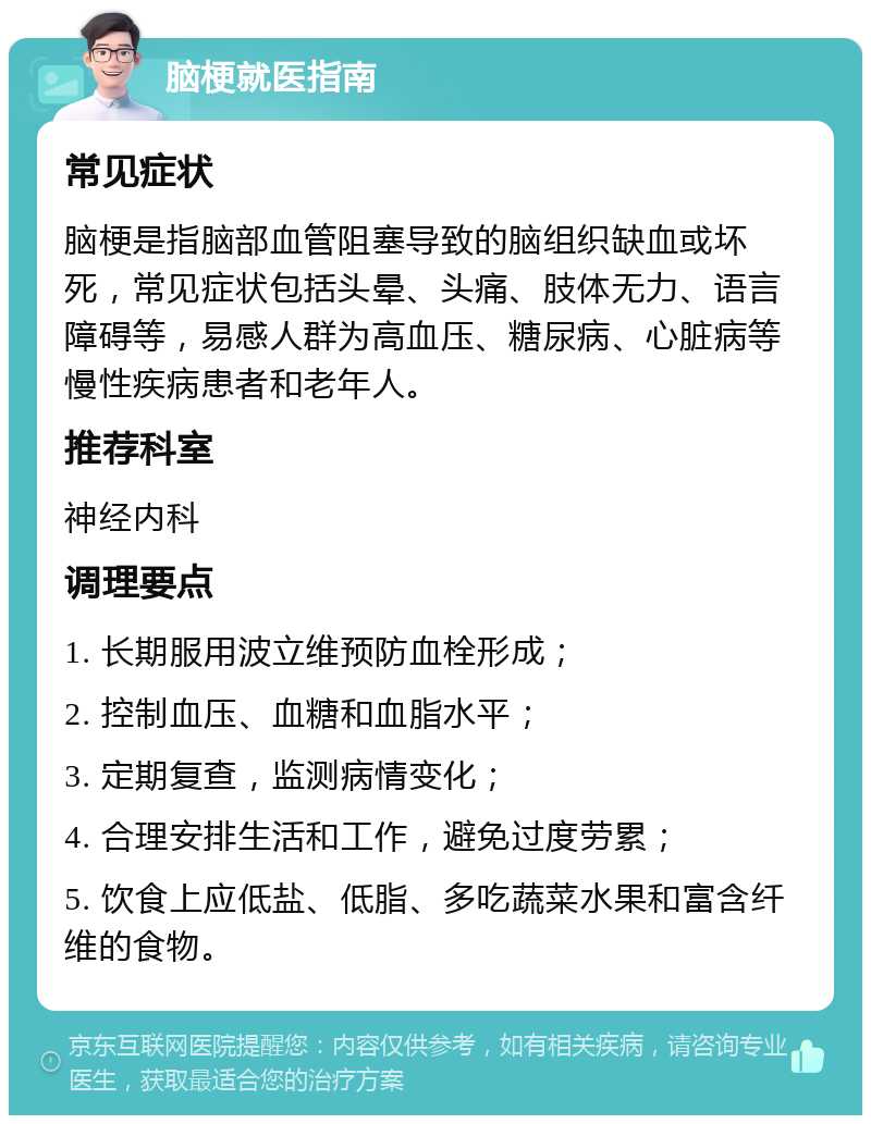 脑梗就医指南 常见症状 脑梗是指脑部血管阻塞导致的脑组织缺血或坏死，常见症状包括头晕、头痛、肢体无力、语言障碍等，易感人群为高血压、糖尿病、心脏病等慢性疾病患者和老年人。 推荐科室 神经内科 调理要点 1. 长期服用波立维预防血栓形成； 2. 控制血压、血糖和血脂水平； 3. 定期复查，监测病情变化； 4. 合理安排生活和工作，避免过度劳累； 5. 饮食上应低盐、低脂、多吃蔬菜水果和富含纤维的食物。