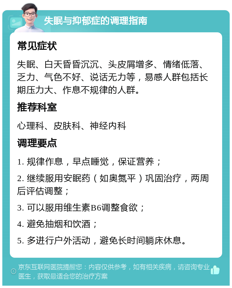 失眠与抑郁症的调理指南 常见症状 失眠、白天昏昏沉沉、头皮屑增多、情绪低落、乏力、气色不好、说话无力等，易感人群包括长期压力大、作息不规律的人群。 推荐科室 心理科、皮肤科、神经内科 调理要点 1. 规律作息，早点睡觉，保证营养； 2. 继续服用安眠药（如奥氮平）巩固治疗，两周后评估调整； 3. 可以服用维生素B6调整食欲； 4. 避免抽烟和饮酒； 5. 多进行户外活动，避免长时间躺床休息。