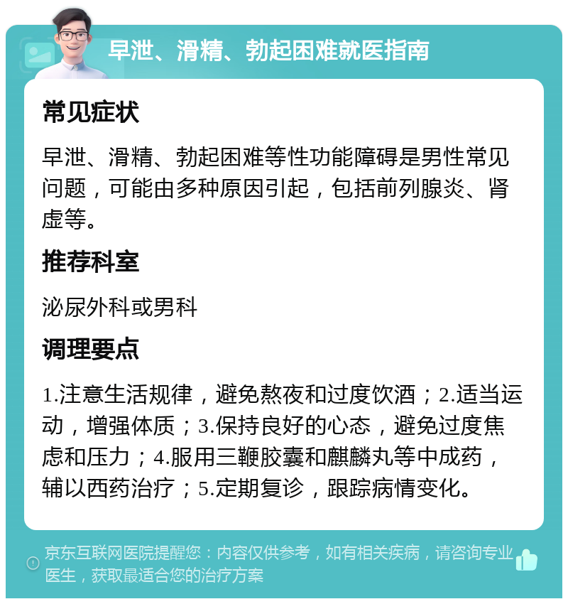 早泄、滑精、勃起困难就医指南 常见症状 早泄、滑精、勃起困难等性功能障碍是男性常见问题，可能由多种原因引起，包括前列腺炎、肾虚等。 推荐科室 泌尿外科或男科 调理要点 1.注意生活规律，避免熬夜和过度饮酒；2.适当运动，增强体质；3.保持良好的心态，避免过度焦虑和压力；4.服用三鞭胶囊和麒麟丸等中成药，辅以西药治疗；5.定期复诊，跟踪病情变化。