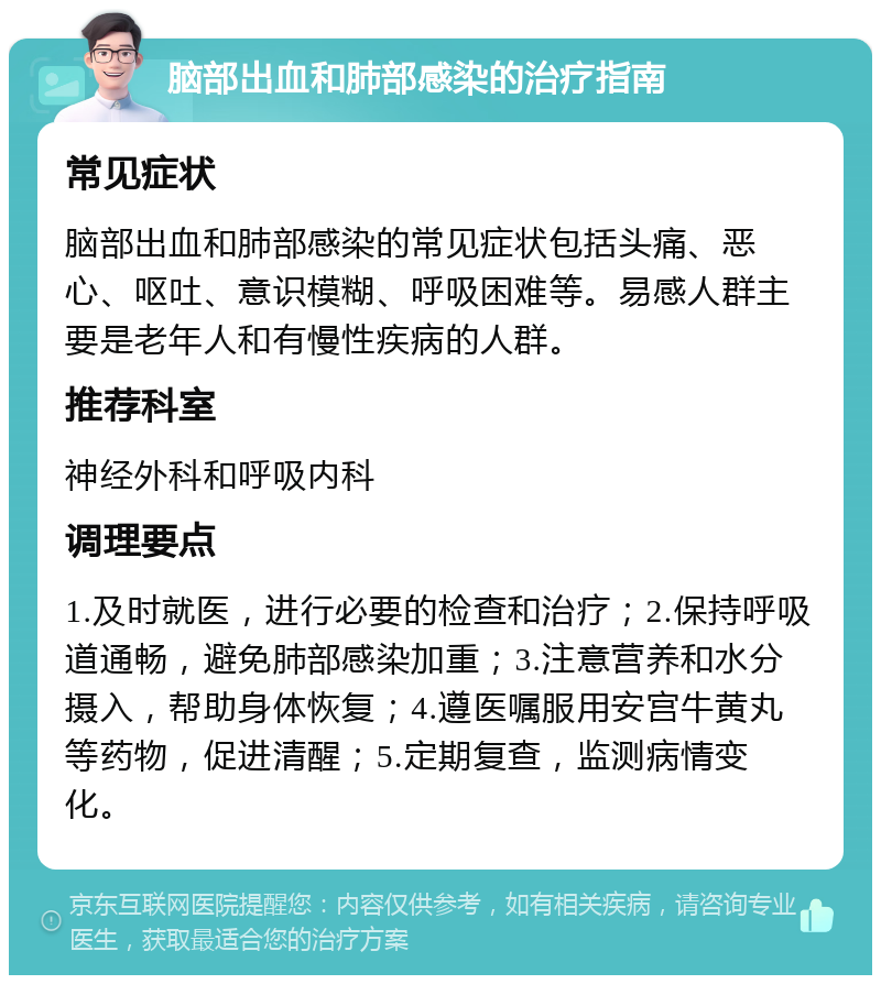 脑部出血和肺部感染的治疗指南 常见症状 脑部出血和肺部感染的常见症状包括头痛、恶心、呕吐、意识模糊、呼吸困难等。易感人群主要是老年人和有慢性疾病的人群。 推荐科室 神经外科和呼吸内科 调理要点 1.及时就医，进行必要的检查和治疗；2.保持呼吸道通畅，避免肺部感染加重；3.注意营养和水分摄入，帮助身体恢复；4.遵医嘱服用安宫牛黄丸等药物，促进清醒；5.定期复查，监测病情变化。