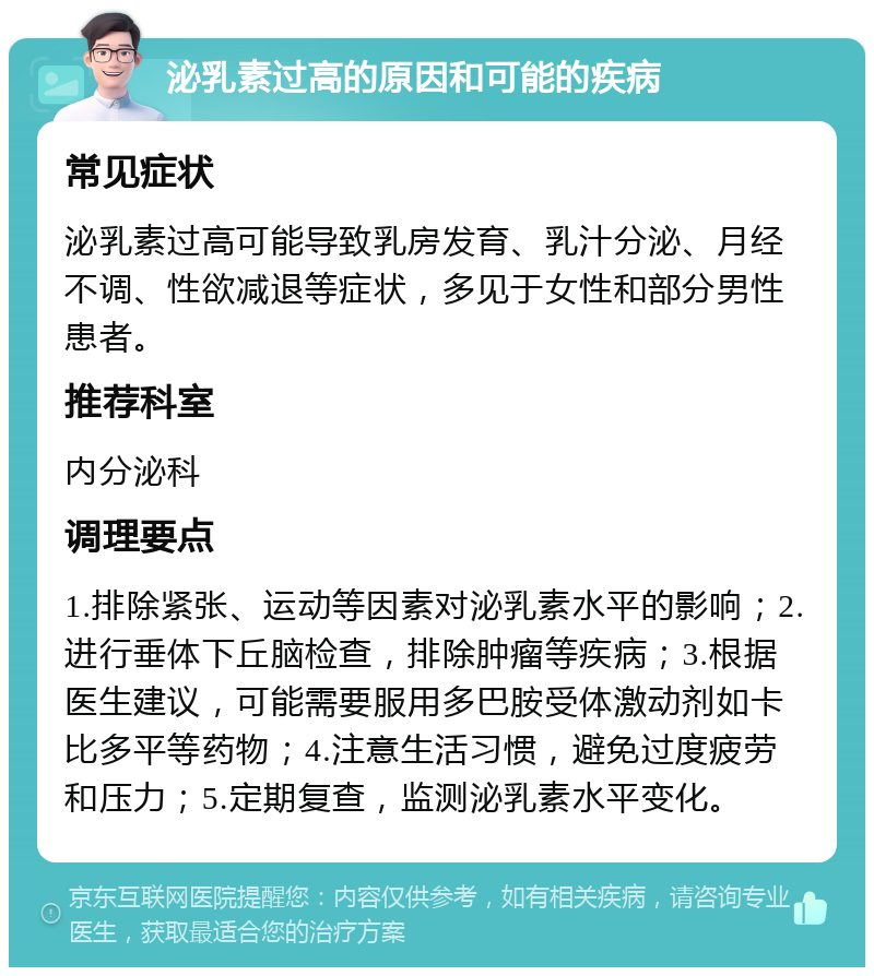 泌乳素过高的原因和可能的疾病 常见症状 泌乳素过高可能导致乳房发育、乳汁分泌、月经不调、性欲减退等症状，多见于女性和部分男性患者。 推荐科室 内分泌科 调理要点 1.排除紧张、运动等因素对泌乳素水平的影响；2.进行垂体下丘脑检查，排除肿瘤等疾病；3.根据医生建议，可能需要服用多巴胺受体激动剂如卡比多平等药物；4.注意生活习惯，避免过度疲劳和压力；5.定期复查，监测泌乳素水平变化。