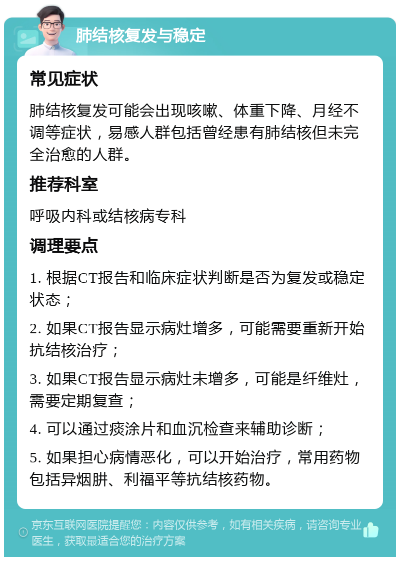 肺结核复发与稳定 常见症状 肺结核复发可能会出现咳嗽、体重下降、月经不调等症状，易感人群包括曾经患有肺结核但未完全治愈的人群。 推荐科室 呼吸内科或结核病专科 调理要点 1. 根据CT报告和临床症状判断是否为复发或稳定状态； 2. 如果CT报告显示病灶增多，可能需要重新开始抗结核治疗； 3. 如果CT报告显示病灶未增多，可能是纤维灶，需要定期复查； 4. 可以通过痰涂片和血沉检查来辅助诊断； 5. 如果担心病情恶化，可以开始治疗，常用药物包括异烟肼、利福平等抗结核药物。