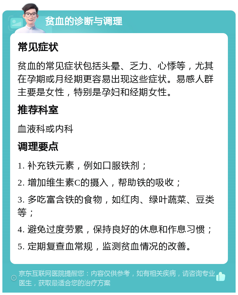 贫血的诊断与调理 常见症状 贫血的常见症状包括头晕、乏力、心悸等，尤其在孕期或月经期更容易出现这些症状。易感人群主要是女性，特别是孕妇和经期女性。 推荐科室 血液科或内科 调理要点 1. 补充铁元素，例如口服铁剂； 2. 增加维生素C的摄入，帮助铁的吸收； 3. 多吃富含铁的食物，如红肉、绿叶蔬菜、豆类等； 4. 避免过度劳累，保持良好的休息和作息习惯； 5. 定期复查血常规，监测贫血情况的改善。