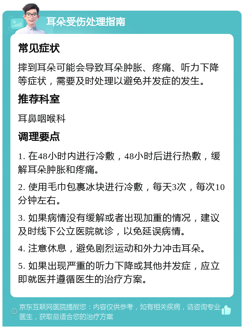 耳朵受伤处理指南 常见症状 摔到耳朵可能会导致耳朵肿胀、疼痛、听力下降等症状，需要及时处理以避免并发症的发生。 推荐科室 耳鼻咽喉科 调理要点 1. 在48小时内进行冷敷，48小时后进行热敷，缓解耳朵肿胀和疼痛。 2. 使用毛巾包裹冰块进行冷敷，每天3次，每次10分钟左右。 3. 如果病情没有缓解或者出现加重的情况，建议及时线下公立医院就诊，以免延误病情。 4. 注意休息，避免剧烈运动和外力冲击耳朵。 5. 如果出现严重的听力下降或其他并发症，应立即就医并遵循医生的治疗方案。