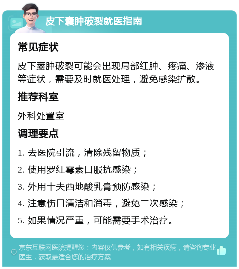 皮下囊肿破裂就医指南 常见症状 皮下囊肿破裂可能会出现局部红肿、疼痛、渗液等症状，需要及时就医处理，避免感染扩散。 推荐科室 外科处置室 调理要点 1. 去医院引流，清除残留物质； 2. 使用罗红霉素口服抗感染； 3. 外用十夫西地酸乳膏预防感染； 4. 注意伤口清洁和消毒，避免二次感染； 5. 如果情况严重，可能需要手术治疗。