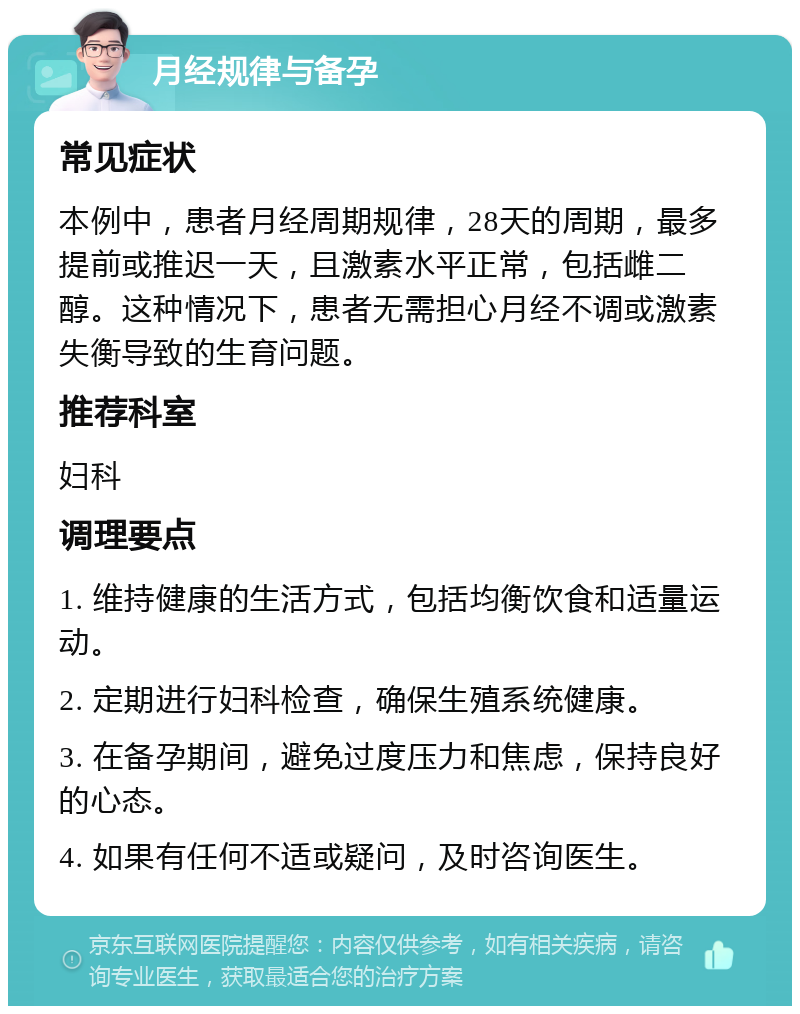 月经规律与备孕 常见症状 本例中，患者月经周期规律，28天的周期，最多提前或推迟一天，且激素水平正常，包括雌二醇。这种情况下，患者无需担心月经不调或激素失衡导致的生育问题。 推荐科室 妇科 调理要点 1. 维持健康的生活方式，包括均衡饮食和适量运动。 2. 定期进行妇科检查，确保生殖系统健康。 3. 在备孕期间，避免过度压力和焦虑，保持良好的心态。 4. 如果有任何不适或疑问，及时咨询医生。