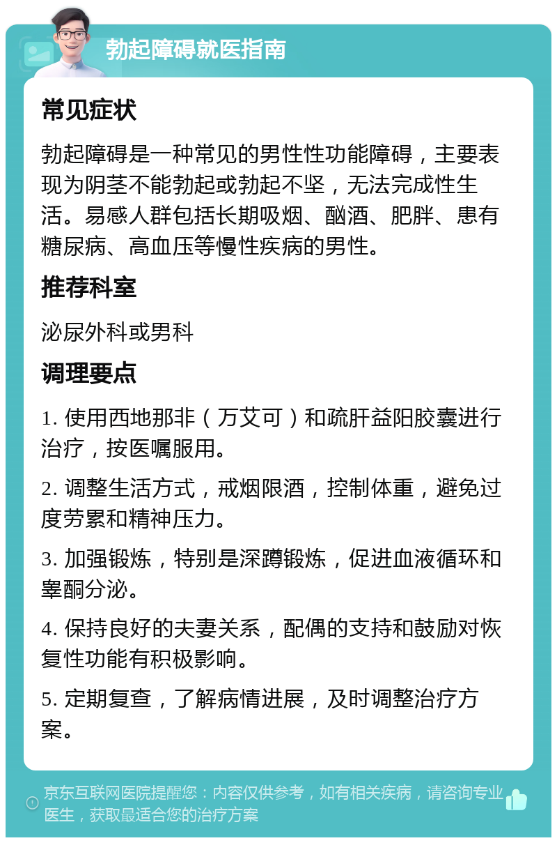 勃起障碍就医指南 常见症状 勃起障碍是一种常见的男性性功能障碍，主要表现为阴茎不能勃起或勃起不坚，无法完成性生活。易感人群包括长期吸烟、酗酒、肥胖、患有糖尿病、高血压等慢性疾病的男性。 推荐科室 泌尿外科或男科 调理要点 1. 使用西地那非（万艾可）和疏肝益阳胶囊进行治疗，按医嘱服用。 2. 调整生活方式，戒烟限酒，控制体重，避免过度劳累和精神压力。 3. 加强锻炼，特别是深蹲锻炼，促进血液循环和睾酮分泌。 4. 保持良好的夫妻关系，配偶的支持和鼓励对恢复性功能有积极影响。 5. 定期复查，了解病情进展，及时调整治疗方案。