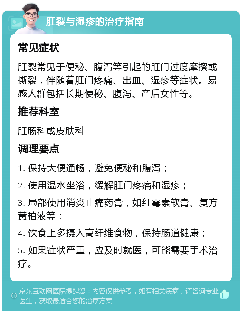 肛裂与湿疹的治疗指南 常见症状 肛裂常见于便秘、腹泻等引起的肛门过度摩擦或撕裂，伴随着肛门疼痛、出血、湿疹等症状。易感人群包括长期便秘、腹泻、产后女性等。 推荐科室 肛肠科或皮肤科 调理要点 1. 保持大便通畅，避免便秘和腹泻； 2. 使用温水坐浴，缓解肛门疼痛和湿疹； 3. 局部使用消炎止痛药膏，如红霉素软膏、复方黄柏液等； 4. 饮食上多摄入高纤维食物，保持肠道健康； 5. 如果症状严重，应及时就医，可能需要手术治疗。